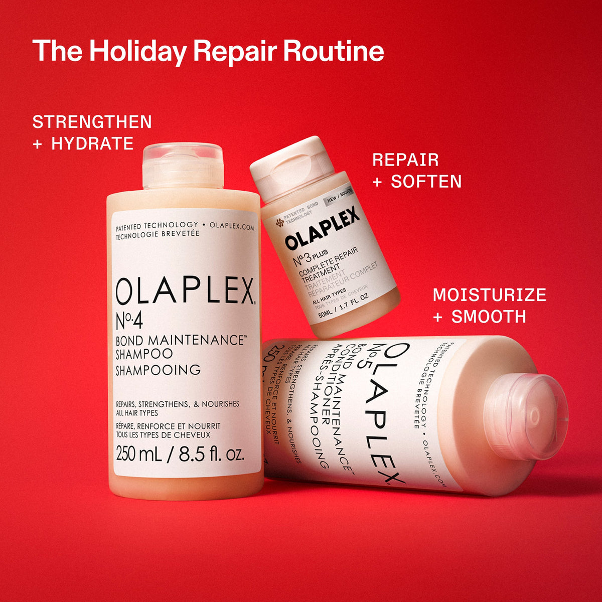 OLAPLEX Total Hair Repair Set routine: Nº.4 to strengthen and hydrate, Nº.3PLUS to repair and soften, Nº.5 to moisturise and smooth