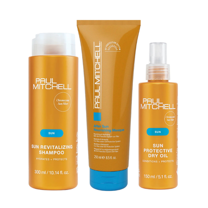 Paul Mitchell Sun Care Bundle – After Sun Nourishing Masque 250ml, Sun Revitalizing Shampoo 300ml and Sun Protective Dry Oil 150ml