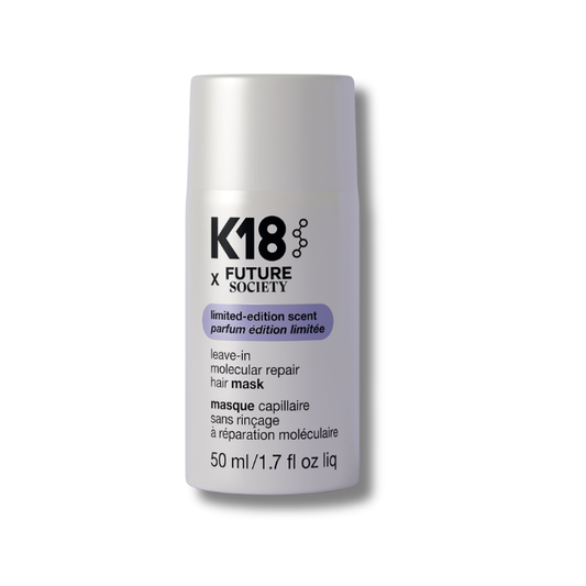 K18 x Future Society hair mask bottle on a purple background