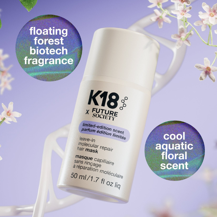 K18 x Future Society hair mask bottle with floral and nature-themed design on a purple background