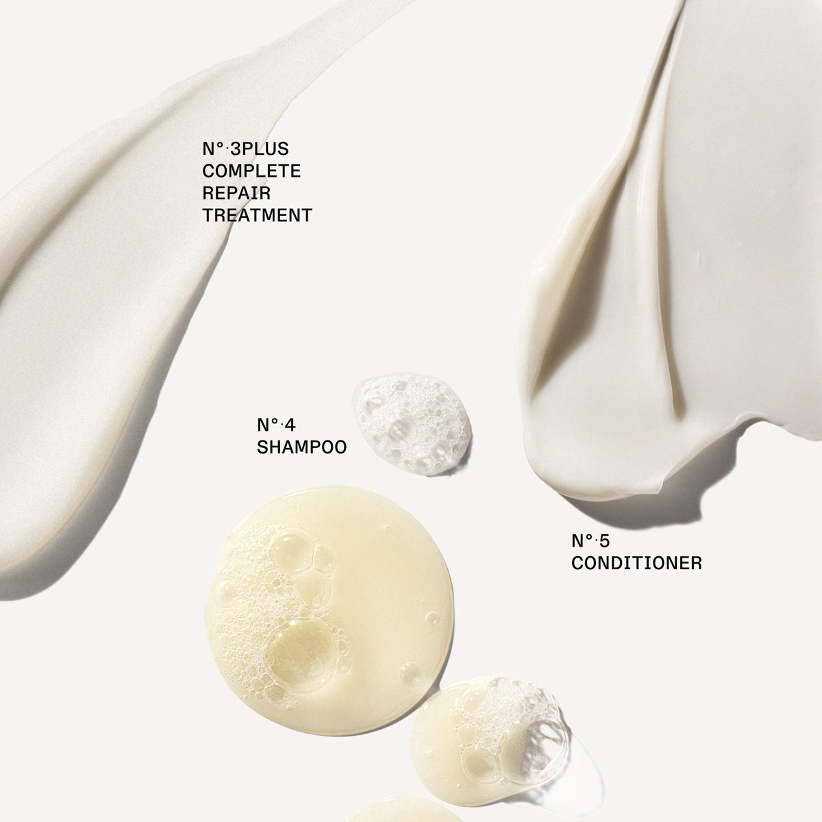 OLAPLEX Nº.3PLUS treatment, Nº.4 Shampoo and Nº.5 Conditioner texture swatches