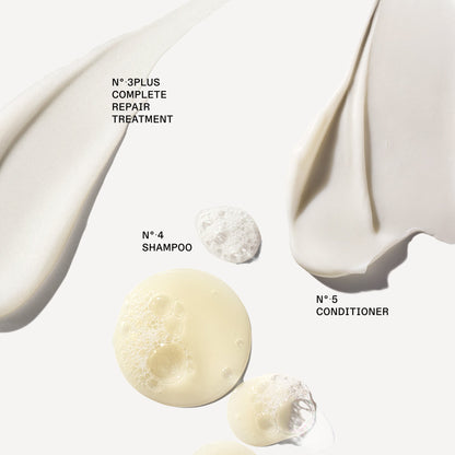 OLAPLEX Nº.3PLUS treatment, Nº.4 Shampoo and Nº.5 Conditioner texture swatches