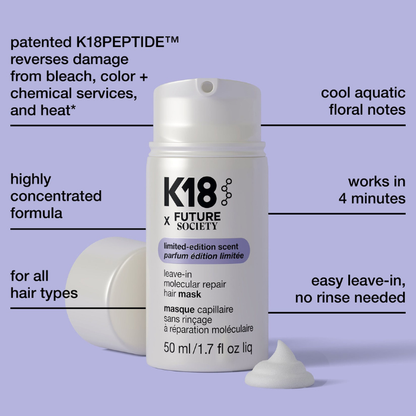 K18 x Future Society hair mask bottle with product details on a purple background