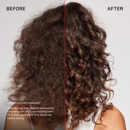 Before and after OLAPLEX Iconic Stylers: defined, frizz-free curly hair
