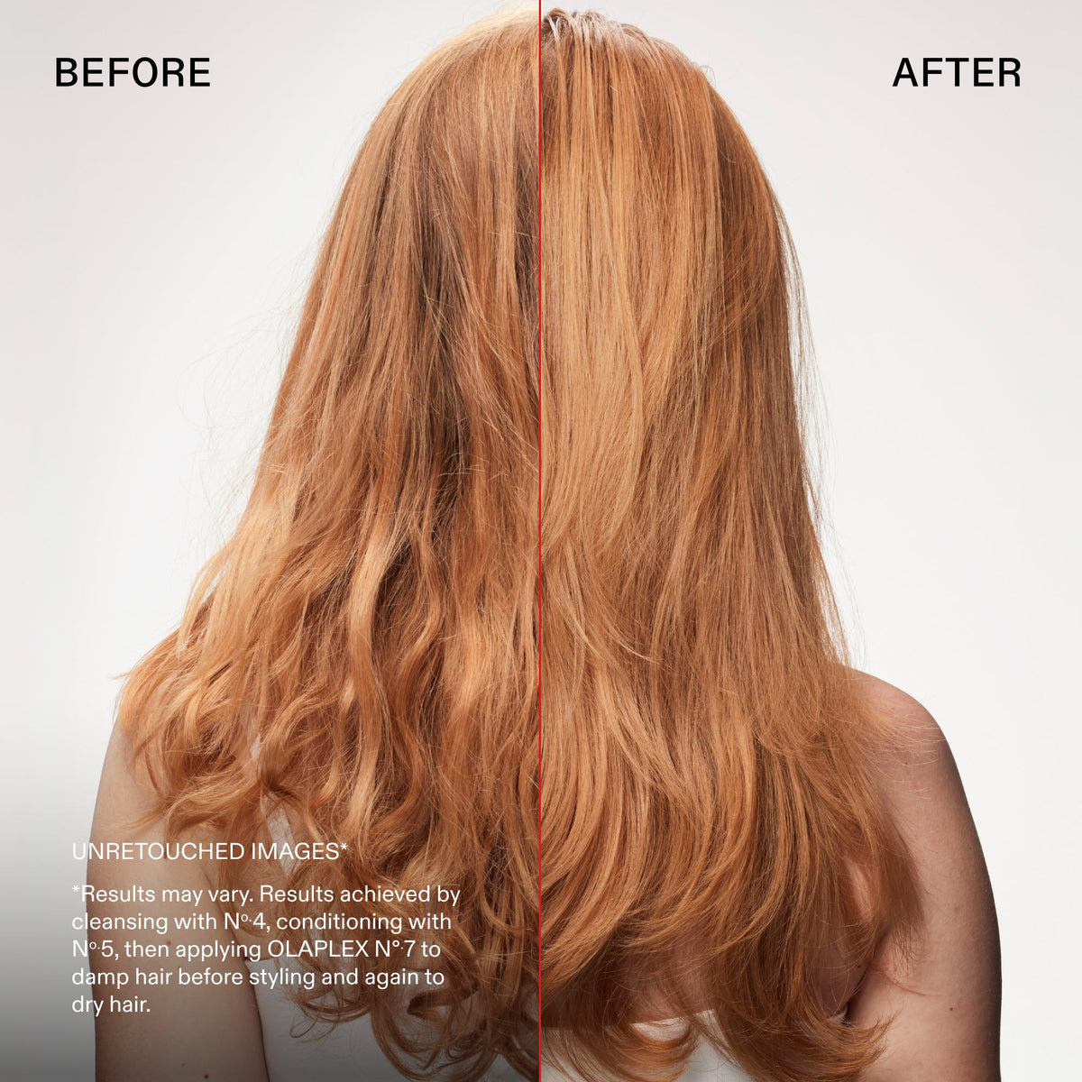 Before and after OLAPLEX Iconic Stylers: smooth, shiny long copper hair