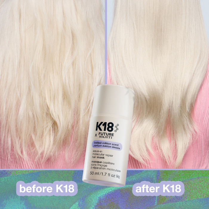 Infographic for K18 x Future Society collaboration on haircare and scent with biotech, featuring a colorful abstract background