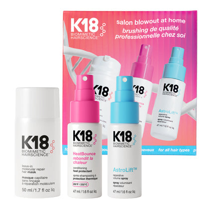 K18 Salon Blowout at Home kit — Leave-In Molecular Repair Hair Mask, HeatBounce Heat Protectant and AstroLift Volume Spray